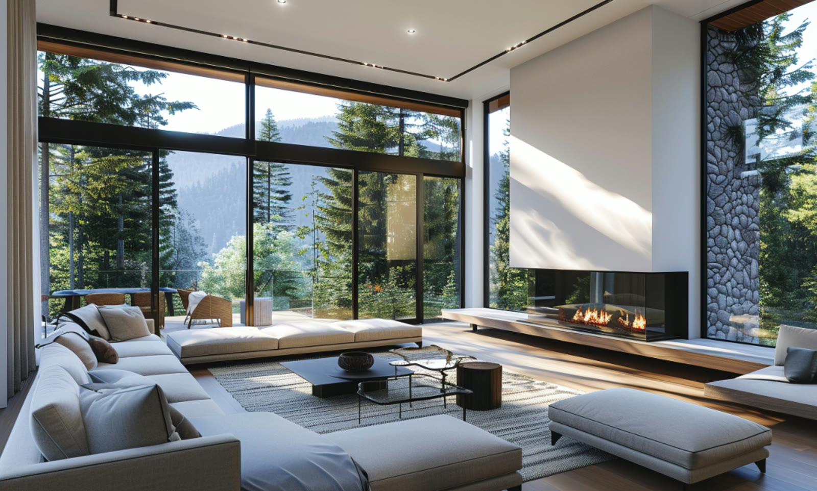 Bright steel-framed living room with a linear fireplace and full-height windows onto a mountain view