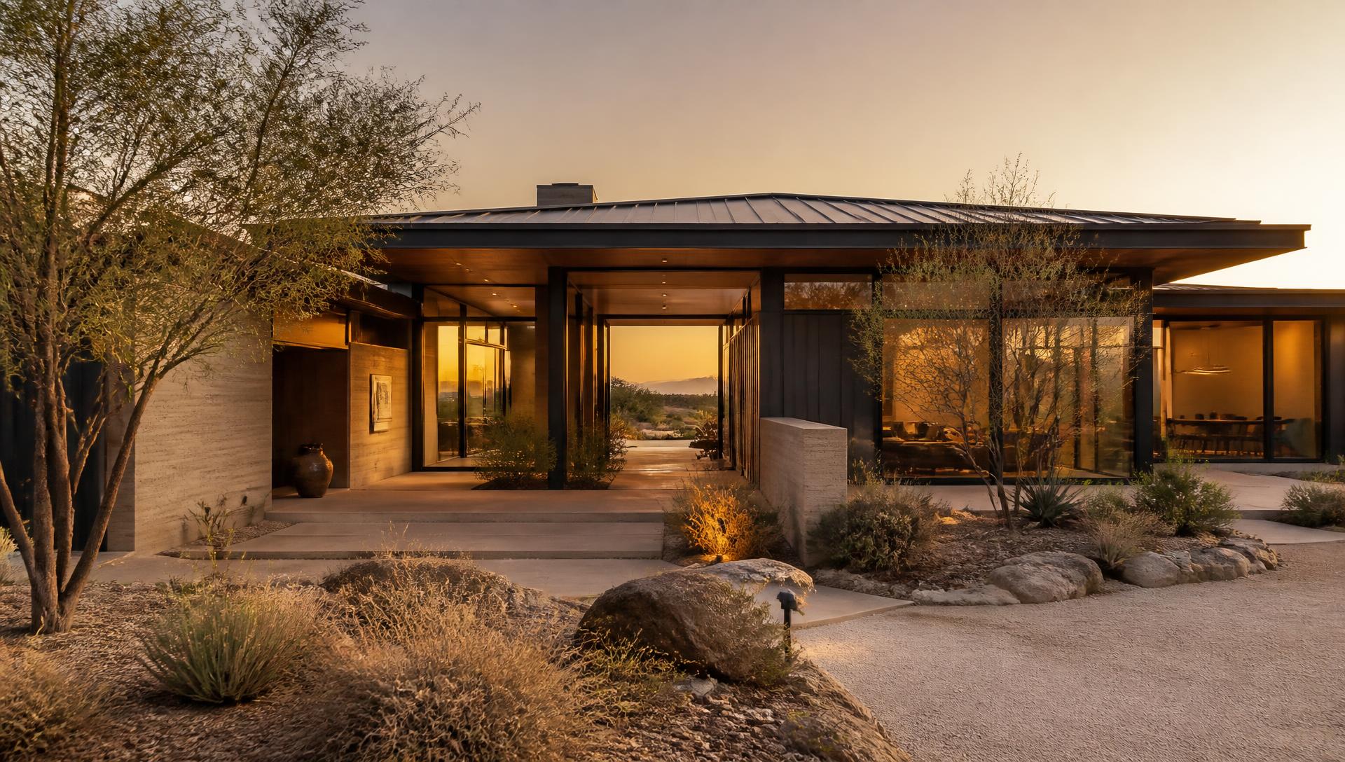 Modern steel-framed residence at golden hour with wide glass walls