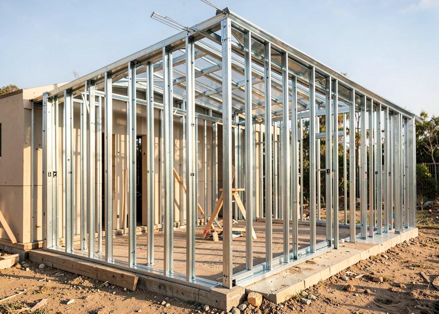 Light-gauge steel framing of a residence under construction